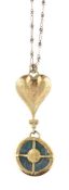 A heart and antique coin necklace, the antique coin in a collet setting suspended below a hammered