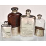 Four silver and silver mounted spirit flaks, to include: a leather and silver mounted glass spirit