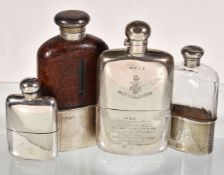 Four silver and silver mounted spirit flaks, to include: a leather and silver mounted glass spirit