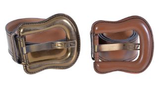 Fendi, a brown leather oversized belt, the belt with an oversized buckle to a pierced tarnish