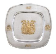 Asprey, a silver shaped square commemorative salver by Asprey & Co., Royal Silver Wedding