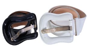 Fendi, a patent black leather oversized B belt, the belt with an oversized buckle to a pierced