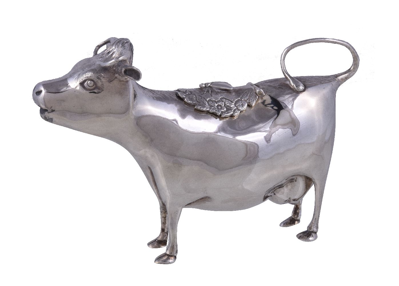 Asprey, a silver cow creamer by Asprey & Co., London 1972, standing four-square, the hinged cover