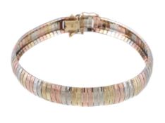 A 9 carat gold three colour bracelet, the articulated bracelet composed of textured and polished