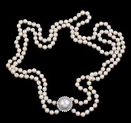 A cultured pearl, mabé pearl and diamond necklace, the two strands of uniform cultured pearls,