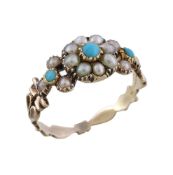 An early Victorian turquoise and seed pearl ring, circa 1840, the flower head cluster set with a