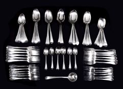 A matched silver old English feather edge table service, various George III to George V makers and