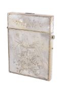 ϒ A Victorian mother of pearl rectangular card case, engraved with a scene of Warwick Castle