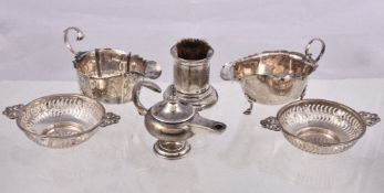 Six silver items, comprising: a pair of sweet dishes by Synyer & Beddoes, Birmingham 1925; a