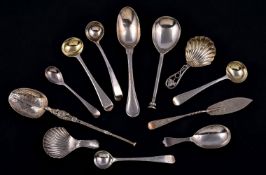 Three silver caddy spoons and other flatware, the caddy spoons: one shell bowl with coffin end