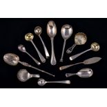 Three silver caddy spoons and other flatware, the caddy spoons: one shell bowl with coffin end