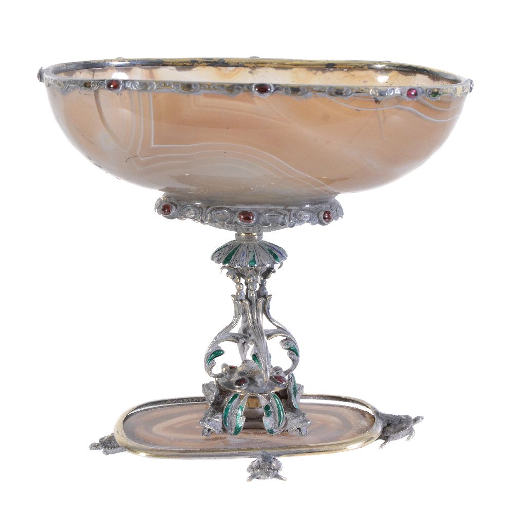 An Austrian silver parcel gilt, gem set and banded agate oblong tazza, Vienna late 19th century, the