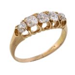 A Victorian five stone diamond ring, circa 1890, the five old cut diamonds in gold open claw