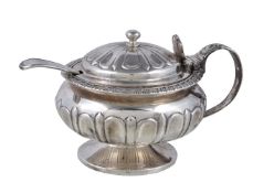 A George IV silver compressed spherical mustard pot by William M. Traies, London 1824, with a ball