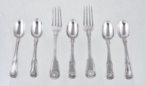 Two George IV silver fiddle, thread and shell pattern dessert forks by William Chawner II, London