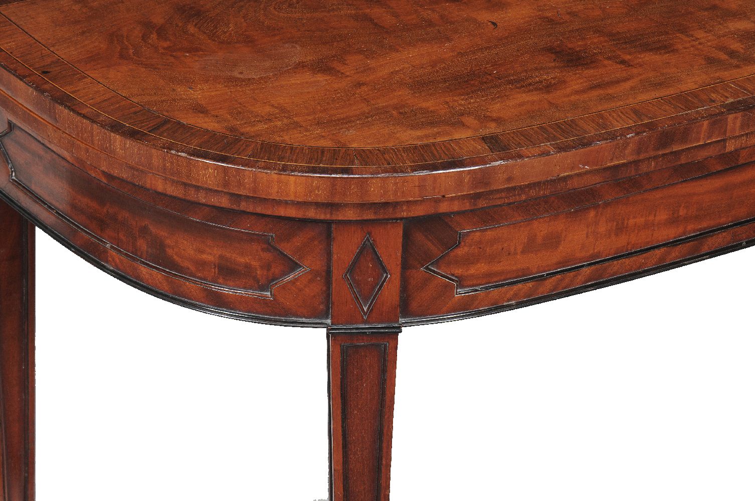 A pair of George III mahogany card tables, circa 1780, each D shaped hinged top opening to a baize - Image 6 of 7