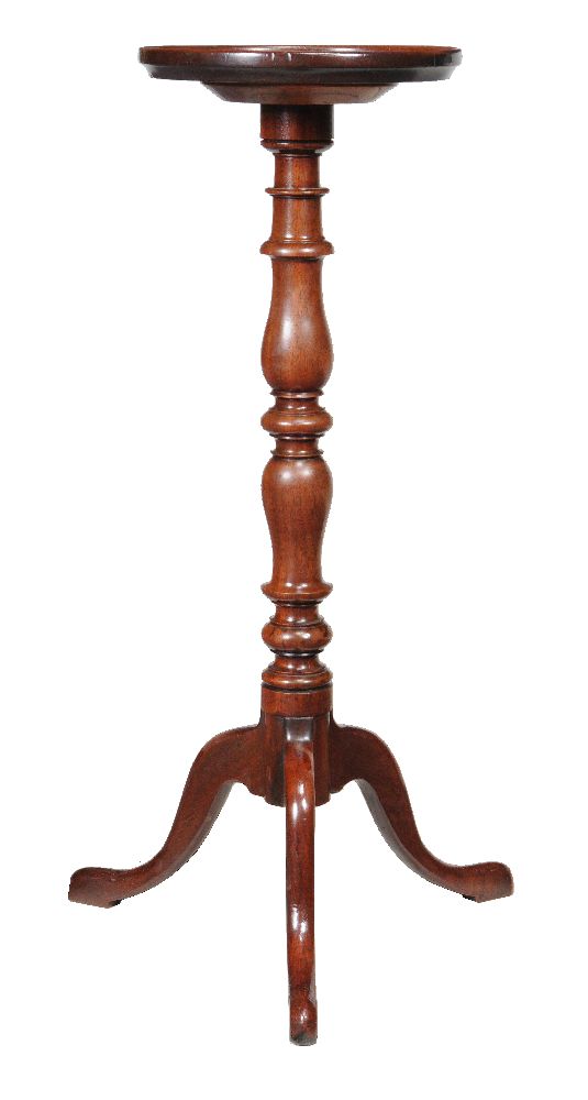 A George III mahogany candle stand, late 18th century, the circular dished top above the turned - Image 3 of 3