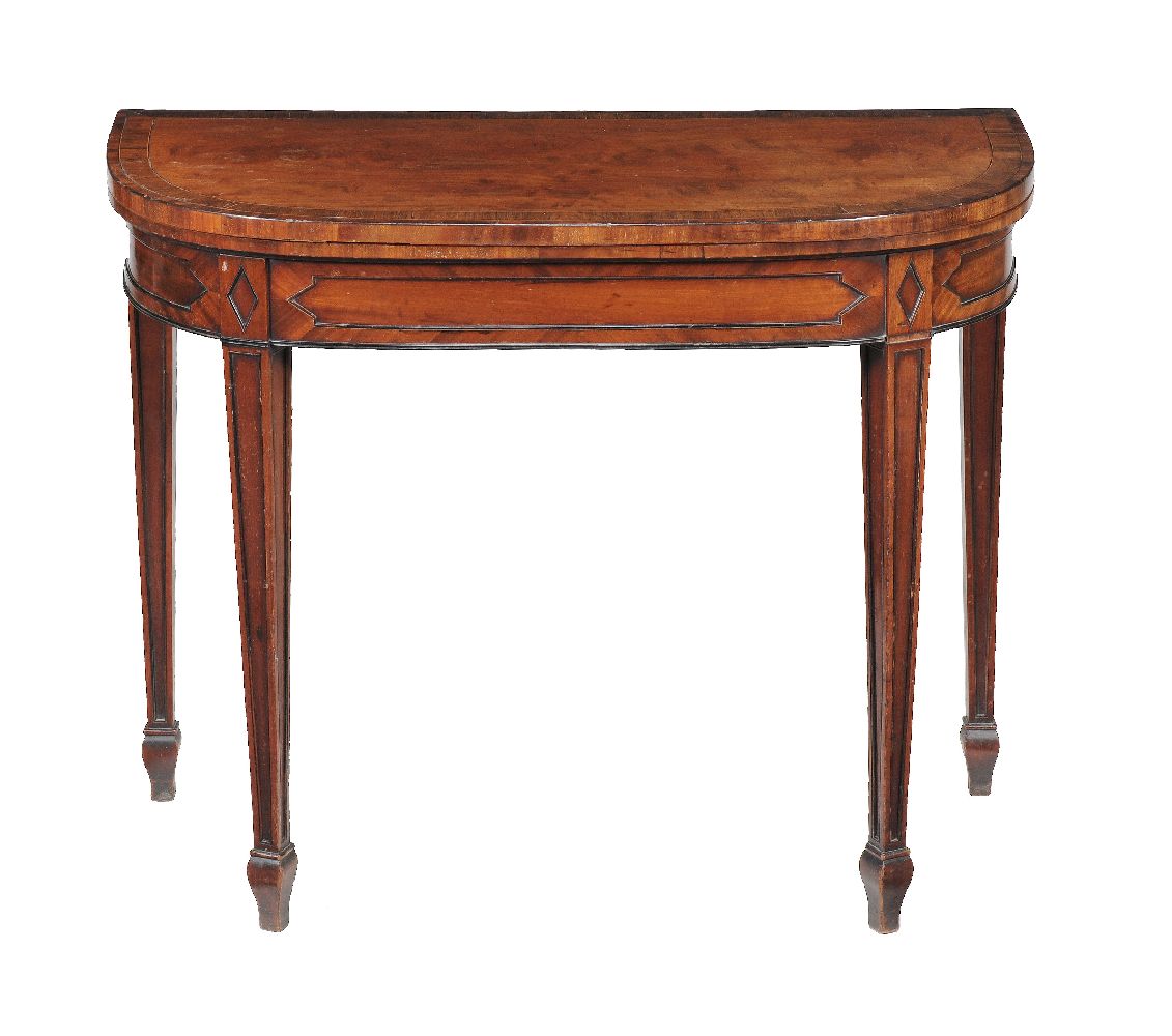 A pair of George III mahogany card tables, circa 1780, each D shaped hinged top opening to a baize - Image 5 of 7