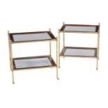 A pair of brass and mahogany two tier étagères, 20th century, the glazed rectangular top and under