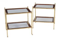 A pair of brass and mahogany two tier étagères, 20th century, the glazed rectangular top and under