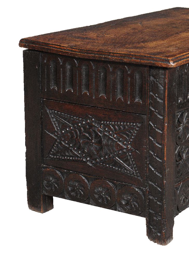 A Charles II panelled oak chest, circa 1660, of small proportions, the hinged lid above the fluted - Image 4 of 4
