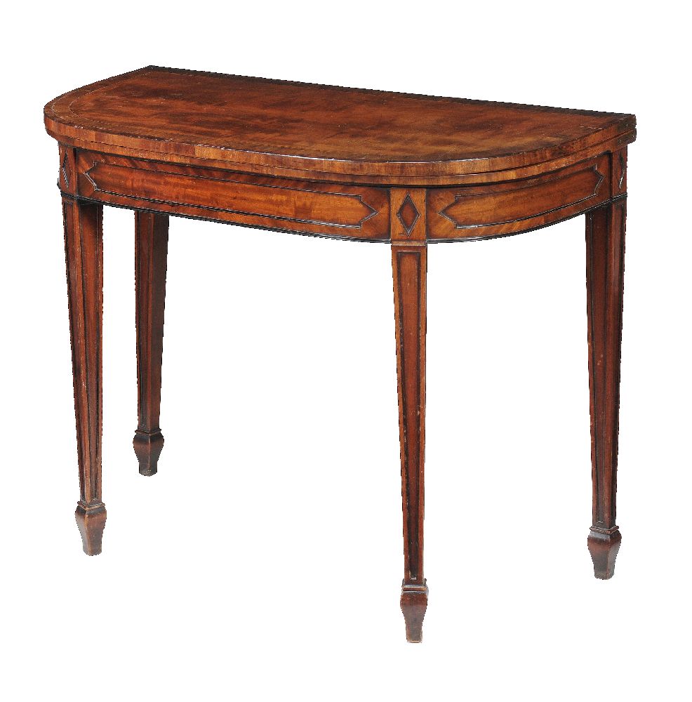 A pair of George III mahogany card tables, circa 1780, each D shaped hinged top opening to a baize - Image 2 of 7
