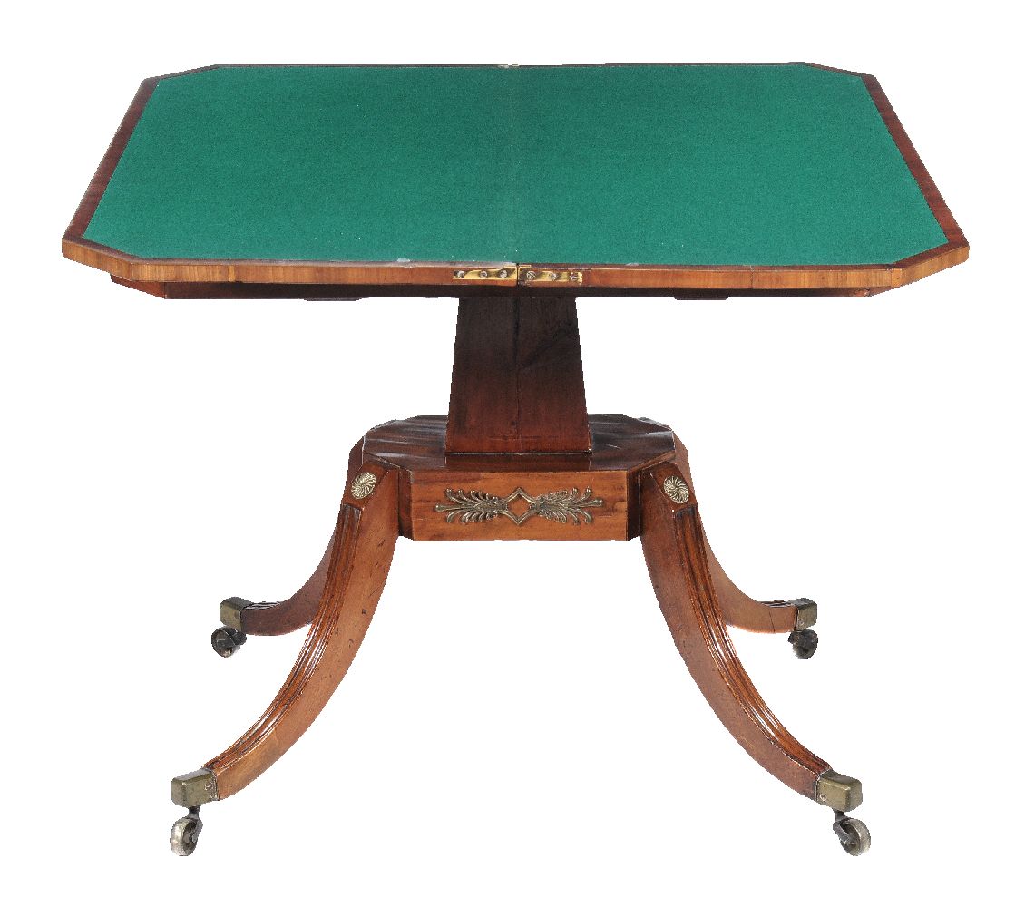 A Regency mahogany card table, circa 1815, the canted top opening to baize playing surface and - Image 2 of 3