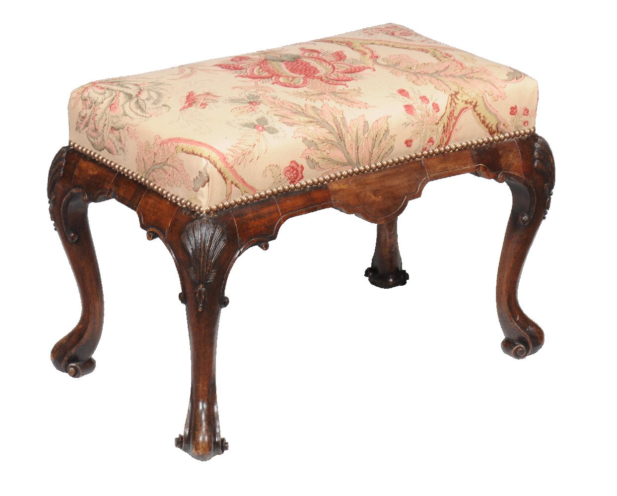 A George II walnut and upholstered stool, circa 1750, the rectangular padded top above shaped apron, - Image 2 of 3