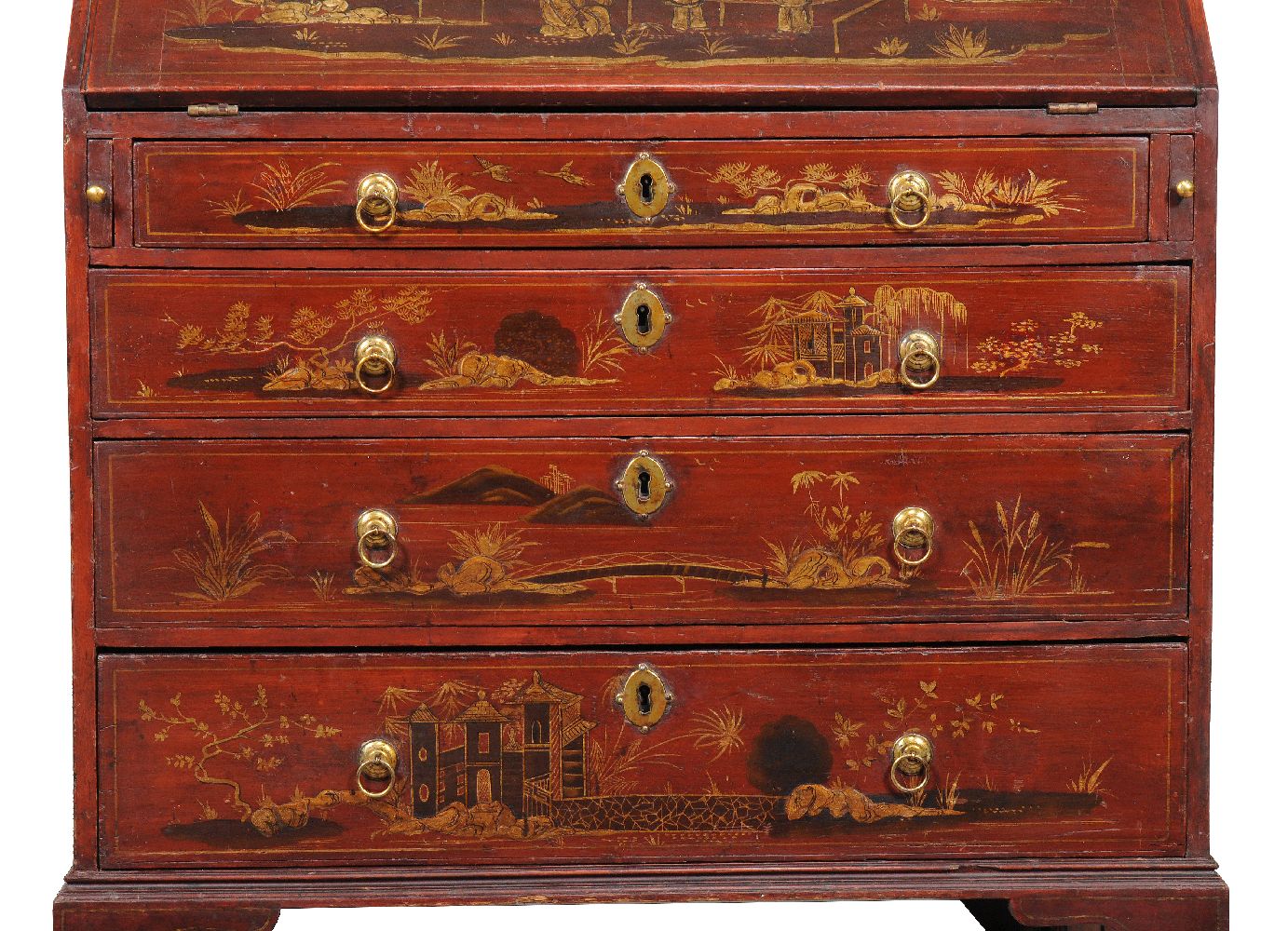 A George II red lacquer and gilt Chinoiserie decorated bureau, circa 1740 the decoration depicting - Image 4 of 5