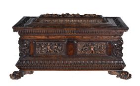 A Sienese carved walnut casket in Renaissance revival taste, circa 1875, almost certainly by