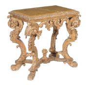 A Charles II carved giltwood and gesso console table, circa 1660, the inset marble top above the