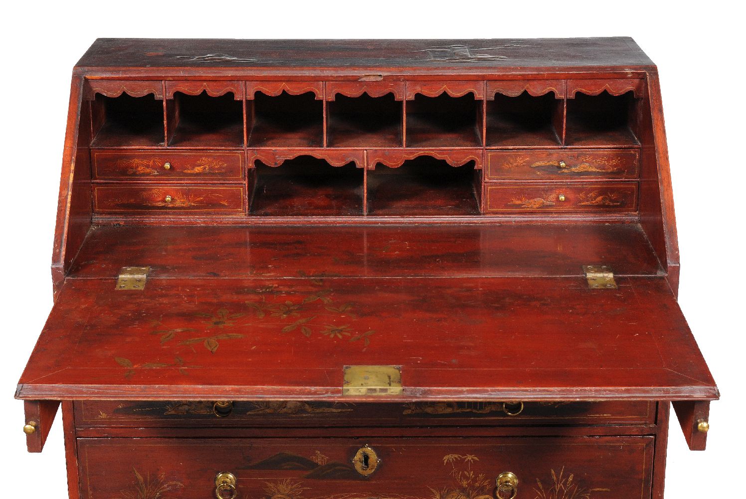 A George II red lacquer and gilt Chinoiserie decorated bureau, circa 1740 the decoration depicting - Image 2 of 5