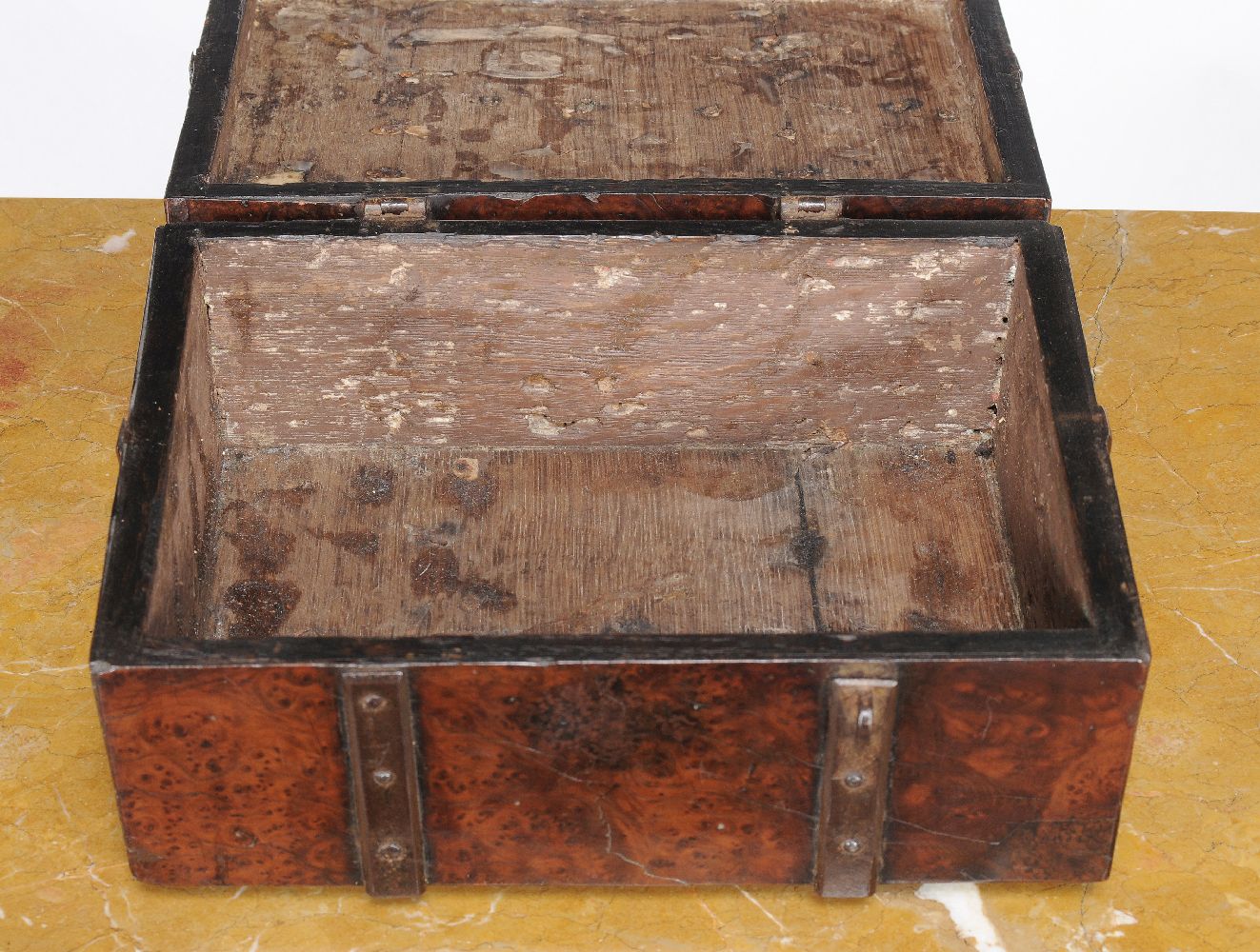 A William III burr yew and iron bound casket, circa 1695, the hinged lid with a central handle, - Image 4 of 4