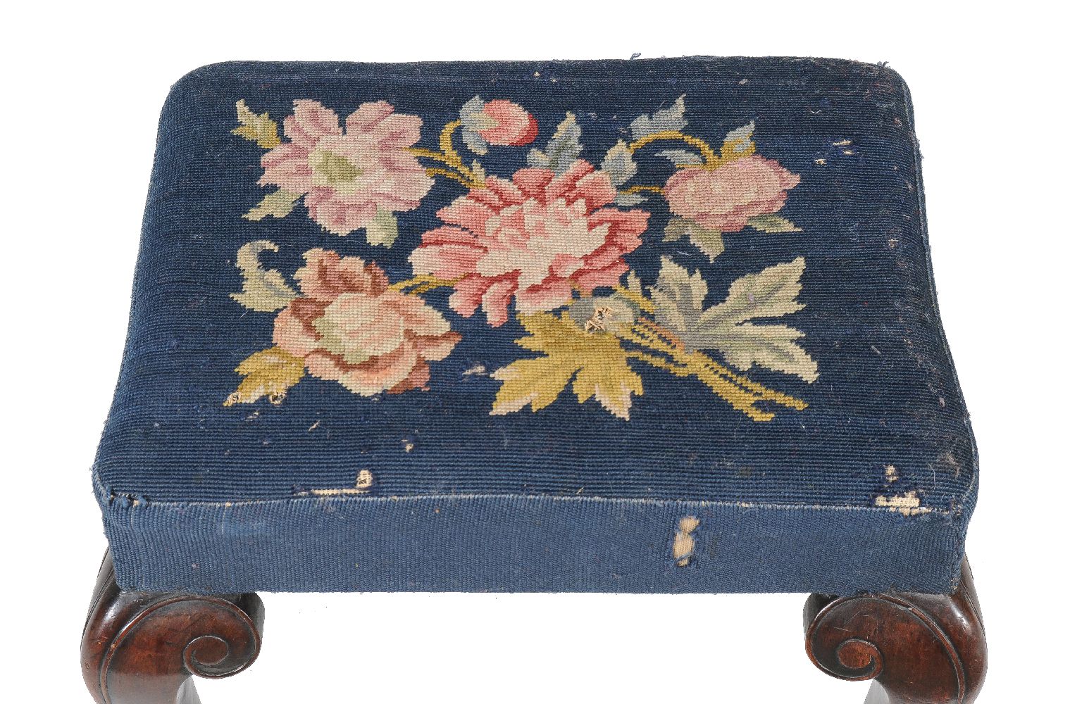 A Queen Anne walnut stool, circa 1710, the upholstered seat incorporating a floral needlework panel, - Image 2 of 2