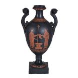 A Humphrey Palmer black basalt Etruscan-style two handled urn, circa 1770, painted in iron red