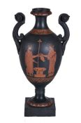 A Humphrey Palmer black basalt Etruscan-style two handled urn, circa 1770, painted in iron red