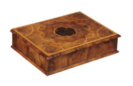 A William & Mary olivewood and laburnum oyster veneered lace box, circa 1690, the hinged lid holly