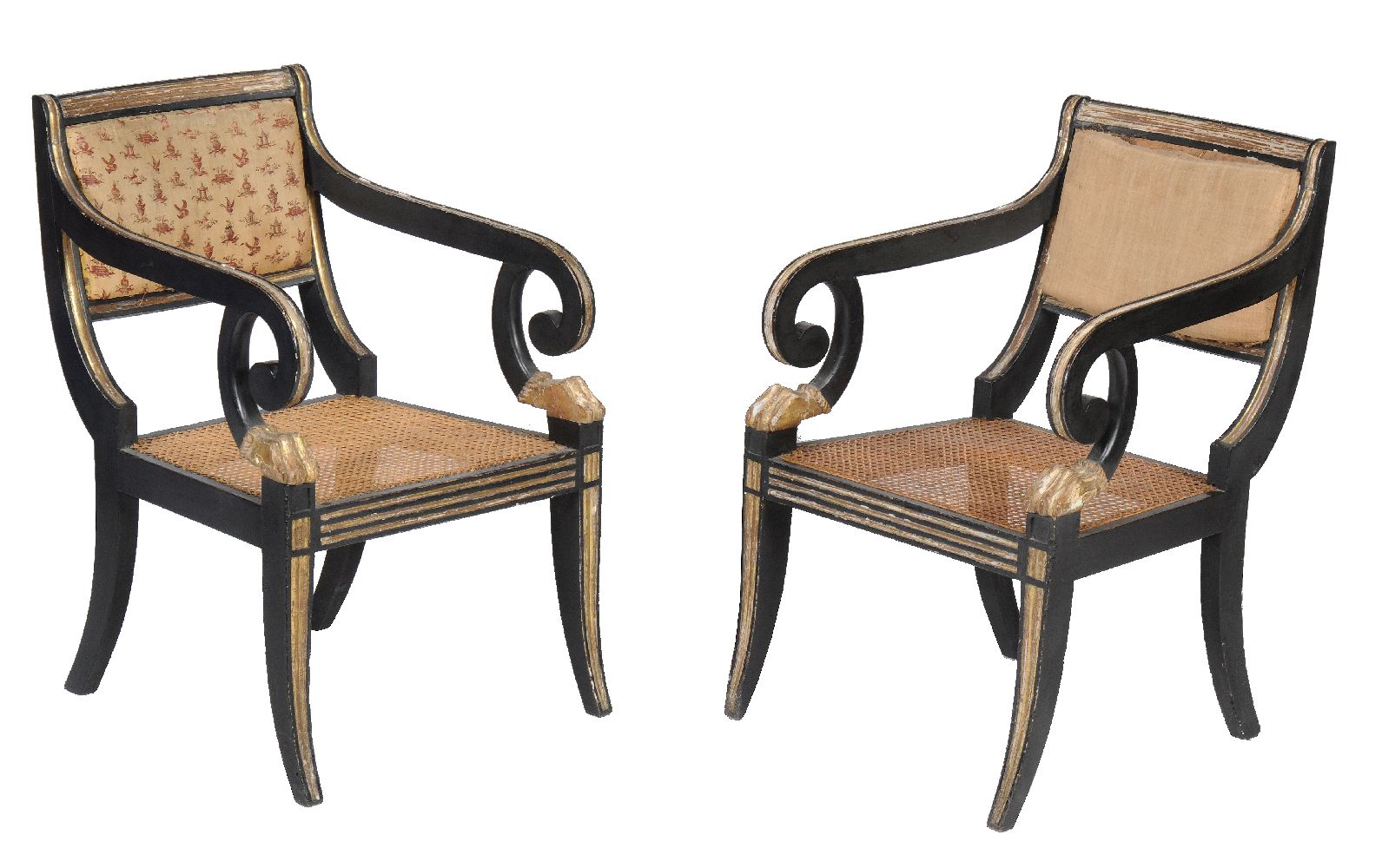 A pair of George III ebonised and parcel gilt armchairs in the manner of Henry Holland, circa - Image 2 of 3