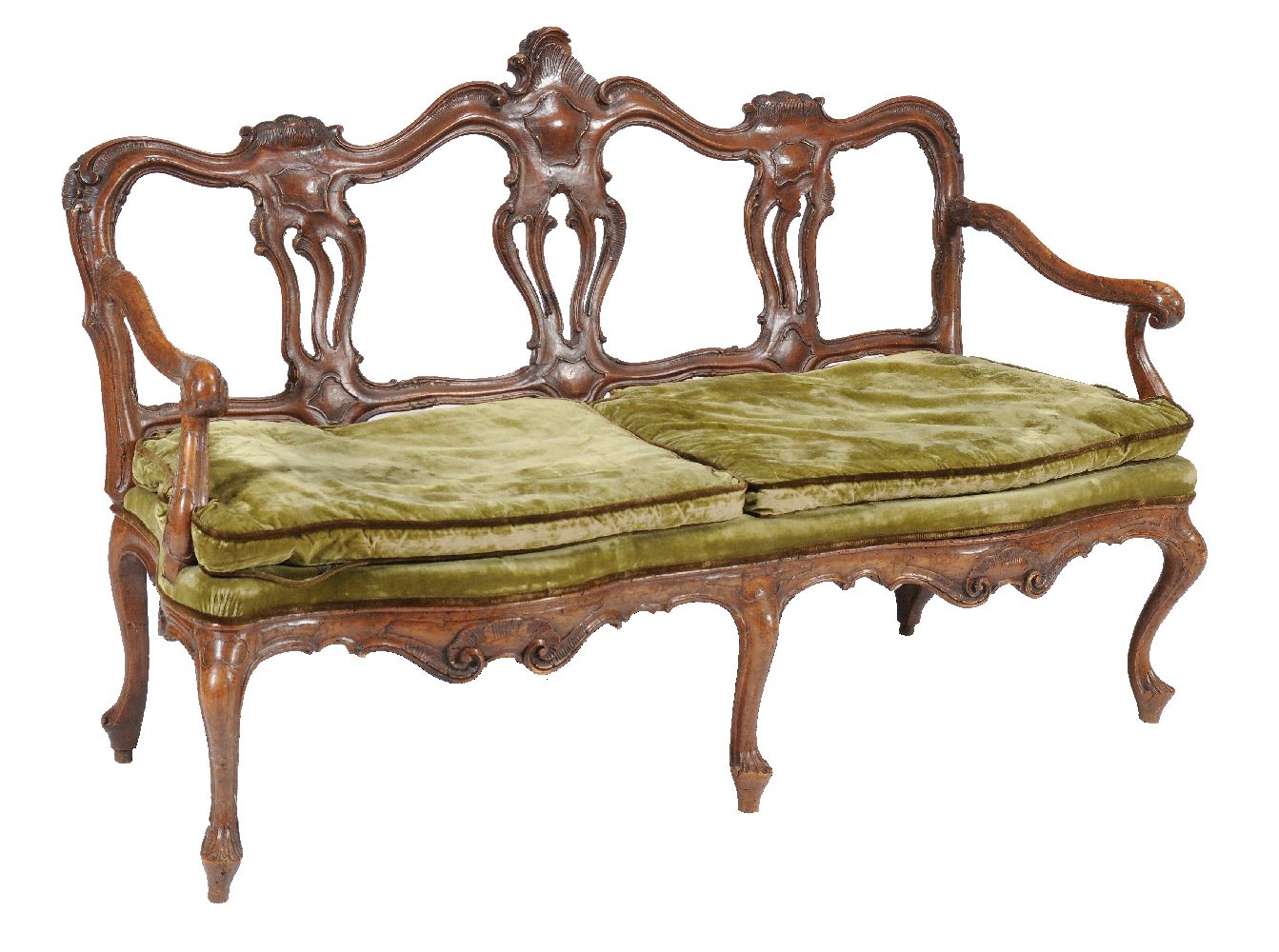 An Italian carved walnut chair back settee, mid 18th century, the carved and moulded back - Image 2 of 2