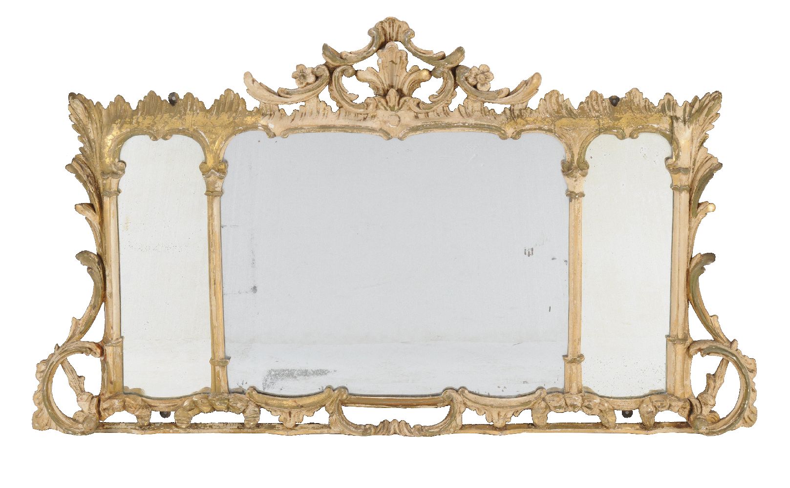 A carved giltwood wall mirror, in George III style, 19th century, the triple plates divided by