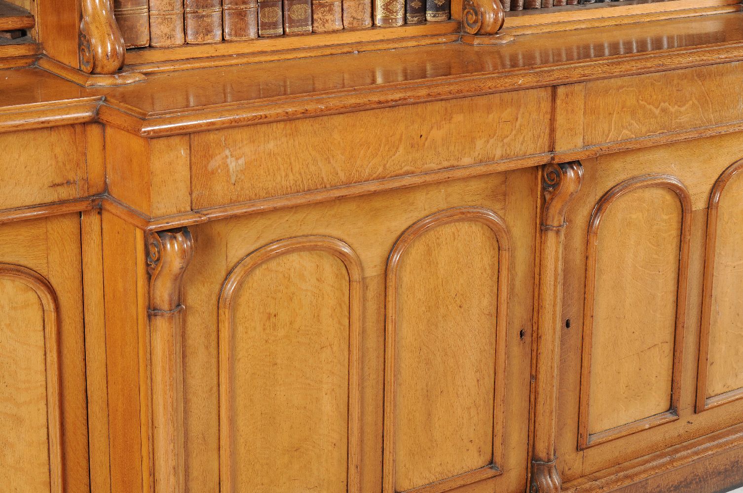 A large Victorian oak breakfront library bookcase, circ 1860, the moulded cornice above four banks - Image 3 of 3