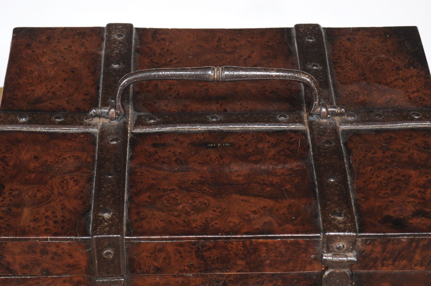 A William III burr yew and iron bound casket, circa 1695, the hinged lid with a central handle, - Image 3 of 4