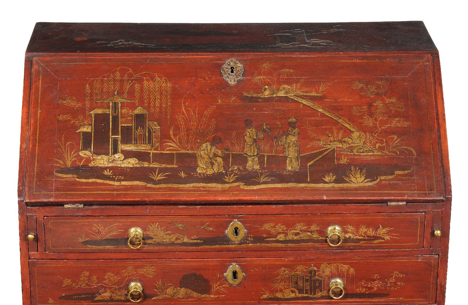 A George II red lacquer and gilt Chinoiserie decorated bureau, circa 1740 the decoration depicting - Image 3 of 5