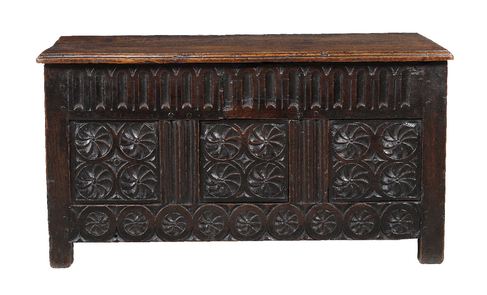 A Charles II panelled oak chest, circa 1660, of small proportions, the hinged lid above the fluted - Image 3 of 4