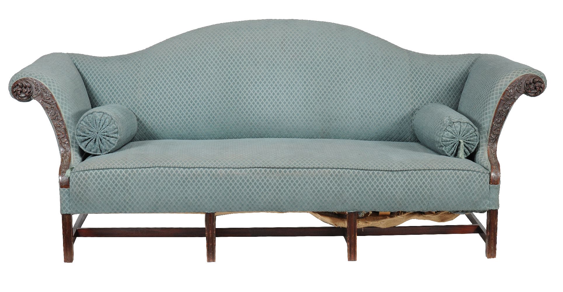 A mahogany and upholstered sofa, circa 1780 and later, the yoke shaped back above a pair of scroll