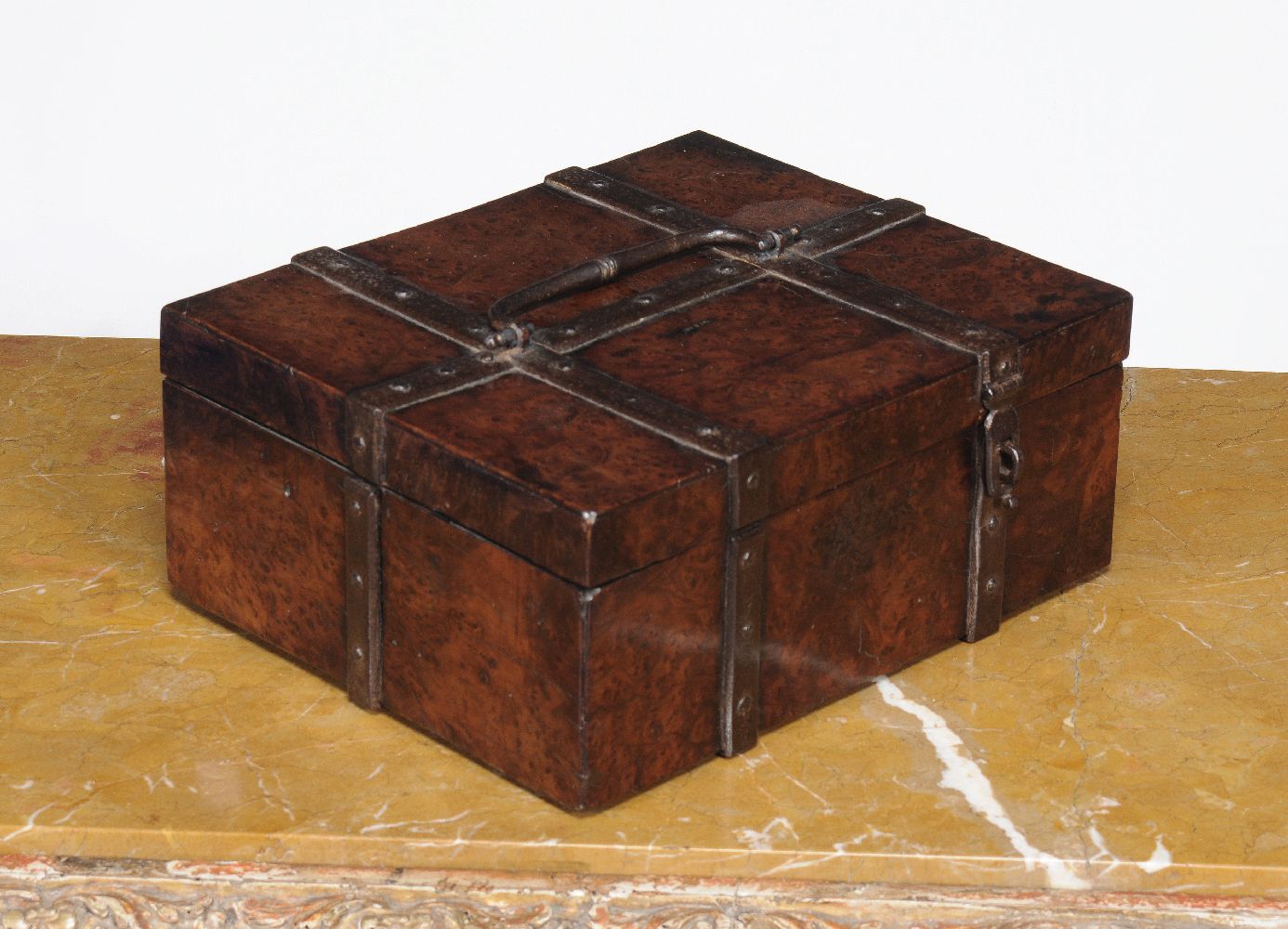 A William III burr yew and iron bound casket, circa 1695, the hinged lid with a central handle, - Image 2 of 4