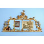 A giltwood over mantel mirror, 19th century, the triptych plate divided by architectural columns and