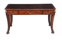A mahogany library desk, circa 1810 and later, the rectangular top with tooled leather inset writing
