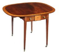 A George III mahogany and satinwood banded Pembroke table, circa 1790, the oval top with two