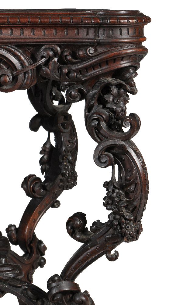 An Italian carved walnut library or centre table, circa 1870, the cartouche shaped top with - Image 4 of 9